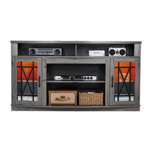 65 In TV Stand Farmhouse Entertainment Center with Light Strip Wooden Cabinet with Glass Doors and Adjustable Shelves for Home