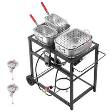 Outdoor Propane Deep Fryer 18 Qt x 2 Dual-Tank 40,000 BTU 3 Baskets 2 Thermometers Portable Stainless Steel Fryer Cart