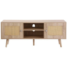 Boho Mid Century Rattan TV Cabinet for 55 Inch TV with Adjustable Shelves (Oak Finish)