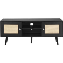55 Inch Mid Century Modern Rattan TV Stand with Adjustable Shelves for Living Room Media Room (Black)