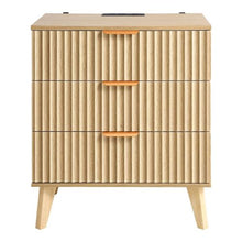Fluted Nightstands Set of 2 Mid-Century Modern Bedside Tables with Charging Station 3 Drawers Khaki