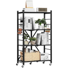 4-Tier Foldable Storage Shelf 26 x 13 x 46 Inch Metal Shelving Unit with Wheels & Hooks No Assembly (Black)