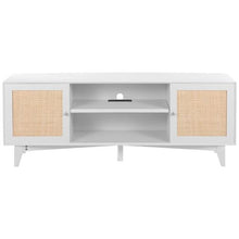 Rattan TV Stand for 75 Inch TV Boho Console with Rattan Doors & Built-in Socket (White)