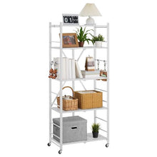 5-Tier Foldable Storage Shelf with Wheels & Hooks (White)