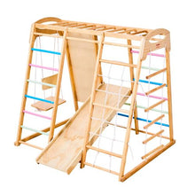 7-in-1 Wooden Indoor Playground Gym, Montessori Climbing Playset with Swing, Slide & More