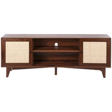 75 Inch Rattan TV Cabinet for Boho Entertainment Center with Built-in Socket 2 Shelves & Storage Doors (Walnut)
