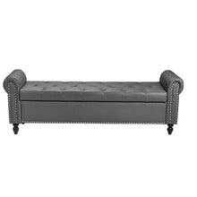 Button-Tufted Storage Ottoman Bench Gray PU Leather Rolled Arms Solid Wood Legs
