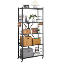 5-Tier Foldable Metal Storage Shelf with Wheels No Assembly (Black)