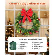 24" Pre-Lit Artificial Christmas Wreath and 50 LED Lights with Timer and Decorated