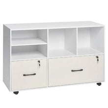 2-Drawer Wooden File Cabinet Rolling Storage with Open Shelves & Lockable Printer Stand