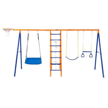 6-in-1 Backyard Swing Set 2 Swings Trapeze Bar Climbing Ladder Net Basketball Hoop 440lbs Capacity Heavy-Duty Metal for Kids 3+