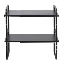 "Adjustable 2-Tier Kitchen Cabinet Shelf Organizer - Expandable Stackable Storage Riser for Pantry Bathroom & Office (Black)"