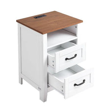 Farmhouse Nightstand with Charging Station White Side Table with 2 Drawers & Shelf USB Ports & AC Outlets