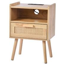Rattan Nightstand with Drawer, Open Shelf & Charging Station