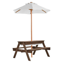 Kids 3-in-1 Picnic Table with Umbrella Sand & Water Play Table Wooden Bench Set with 2 Trays Seats 4 (Walnut)