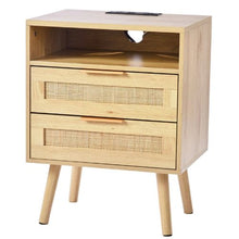 Rattan Bedside Table with Charging Station & Open Shelf