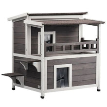 Weatherproof 2-Story Outdoor Cat House with Balcony PVC Door Flaps Open Roof 30"L x 30"W x 32"H