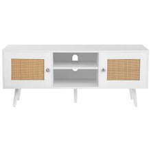 Rattan TV Stand for 55 Inch TV Boho Mid Century Modern TV Cabinet with Adjustable Shelves (White)