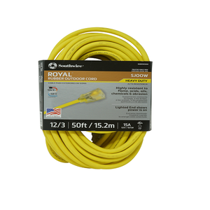 50"Ft Royal Yellow Rubber Extension Cord 12/3 Sjoow Power Light Indicator 3688SW0002 (Pack of 2)