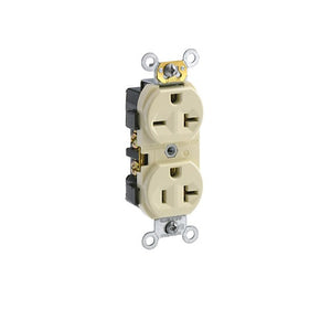 Leviton Duplex Receptacle Outlet Commercial Spec Grade Dual Voltage Indented Face 20 Amp 125/250V Side Wire NEMA 5-20R Ivory 5842-I