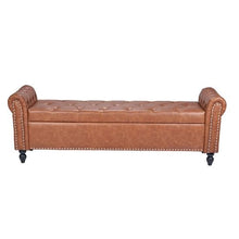 Button-Tufted Storage Ottoman Bench Brown PU Leather Rolled Arms Solid Wood Legs