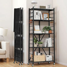 5-Tier Foldable Metal Storage Shelf with Wheels & Hooks No Assembly Shelving Unit for Pantry Kitchen Garage (Black)