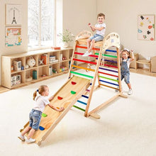 4-in-1 Wooden Indoor Jungle Gym, Montessori Playset with Climbing Rock, Slide & Gym Rings