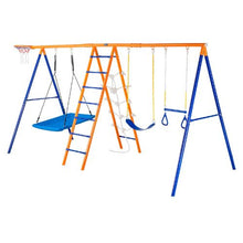 6-in-1 Backyard Swing Set 2 Swings Trapeze Bar Climbing Ladder Net Basketball Hoop 440lbs Capacity Heavy-Duty Metal for Kids 3+