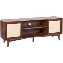 75 Inch Rattan TV Cabinet for Boho Entertainment Center with Built-in Socket 2 Shelves & Storage Doors (Walnut)