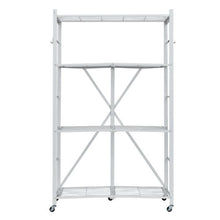 4-Tier Foldable Metal Storage Shelf with Wheels & Hooks No Assembly Shelving Unit for Pantry Kitchen Garage (White)