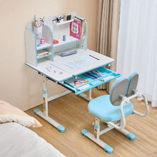 Kids Study Desk & Chair Set with Storage Adjustable Height & Tilting Desktop (Blue)
