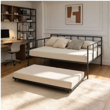 Twin Metal Daybed with Pop-Up Trundle LED Lights Charging Station Storage Headboard 4 Casters (Black)