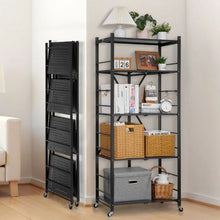 5-Tier Foldable Storage Shelf with Wheels & Hooks (Black)