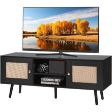 55 Inch Mid Century Modern Rattan TV Stand with Adjustable Shelves for Living Room Media Room (Black)