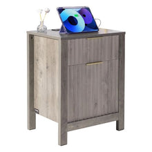 Farmhouse Nightstands Set of 2 Gray End Tables with Charging Station 3 Tiers 2 Drawers & Storage Cabinet USB Ports & Outlets