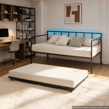 Twin Metal Daybed with Pop-Up Trundle Charging Station LED Lights Height Adjustable Lockable Casters (Black)
