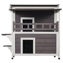 Weatherproof 2-Story Outdoor Cat House with Balcony PVC Door Flaps Open Roof 30"L x 30"W x 32"H