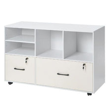 2-Drawer Wooden File Cabinet Rolling Storage with Open Shelves & Lockable Printer Stand