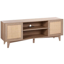 Boho Rattan TV Stand Mid Century TV Cabinet for 75 Inch TV with Built-in Socket USB Ports & Adjustable Shelves (Oak)