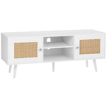 Rattan TV Stand for 55 Inch TV Boho Mid Century Modern TV Cabinet with Adjustable Shelves (White)