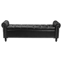 Button-Tufted PU Leather Storage Ottoman Bench with Rolled Arms Solid Wood Legs (Black)