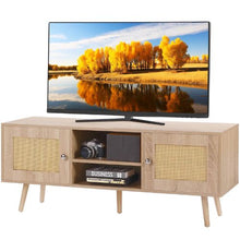 Boho Mid Century Rattan TV Cabinet for 55 Inch TV with Adjustable Shelves (Oak Finish)