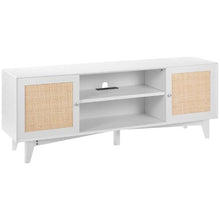 Rattan TV Stand for 75 Inch TV Boho Console with Rattan Doors & Built-in Socket (White)