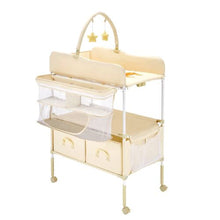 Baby Changing Table with Drawers Foldable Diaper Station Wheels Side Basket & Hanging Rod (Light Beige)