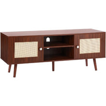 55 Inch Rattan TV Stand Cabinet with Adjustable Shelves for Living Room Console (Walnut)