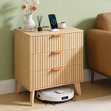 Fluted Nightstand with Charging Station 3-Drawer Mid-Century Modern Bedside Table (Khaki)