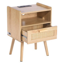 Rattan Nightstand with Drawer, Open Shelf & Charging Station