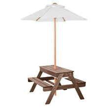 Kids 3-in-1 Picnic Table with Umbrella Sand & Water Play Table Wooden Bench Set with 2 Trays Seats 4 (Walnut)