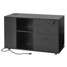 3-Drawer Wooden File Cabinet Rolling Storage with Power Strip Lock & Adjustable Shelves