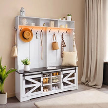 59" Hall Tree Entryway Bench with LED Coat Rack Shoe Storage, Adjustable Shelves & 12 Hooks for Mudroom Entryway & Hallway